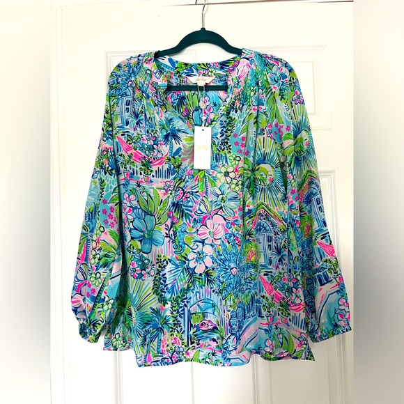 Lilly Pulitzer Tops - NWT Lilly Pulitzer Elsa silk top size L. Lilly’s House Anniversary print